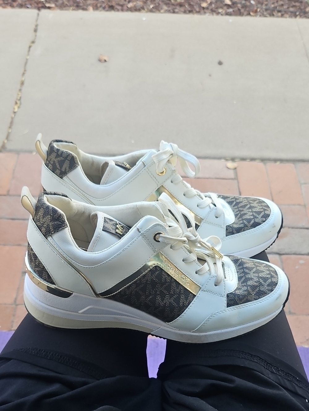Michael Kors White, Brown & Gold Logo Knit Lace-Up Sneakers